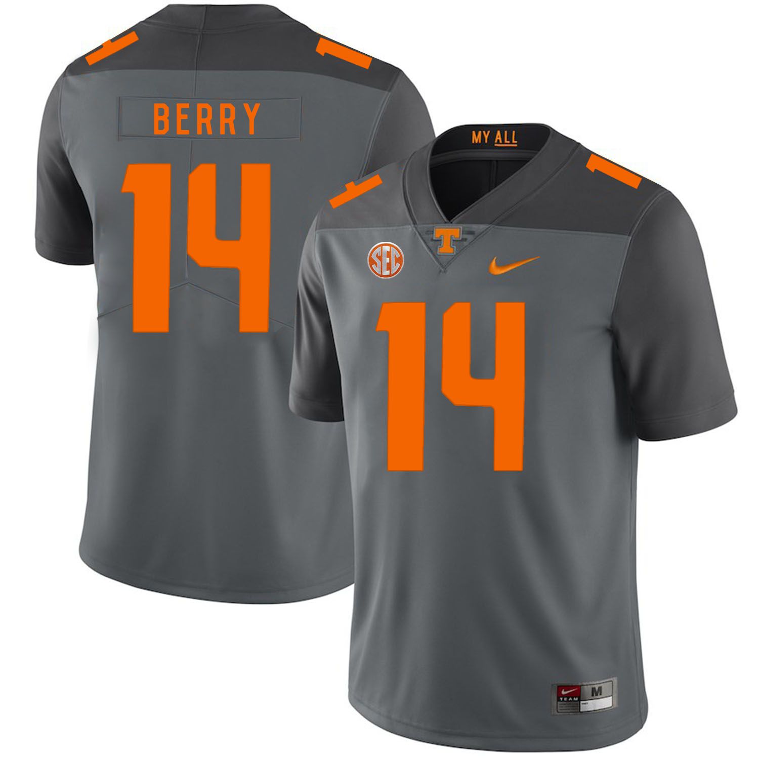 Men Tennessee Volunteers #14 Berry Grey Customized NCAA Jerseys